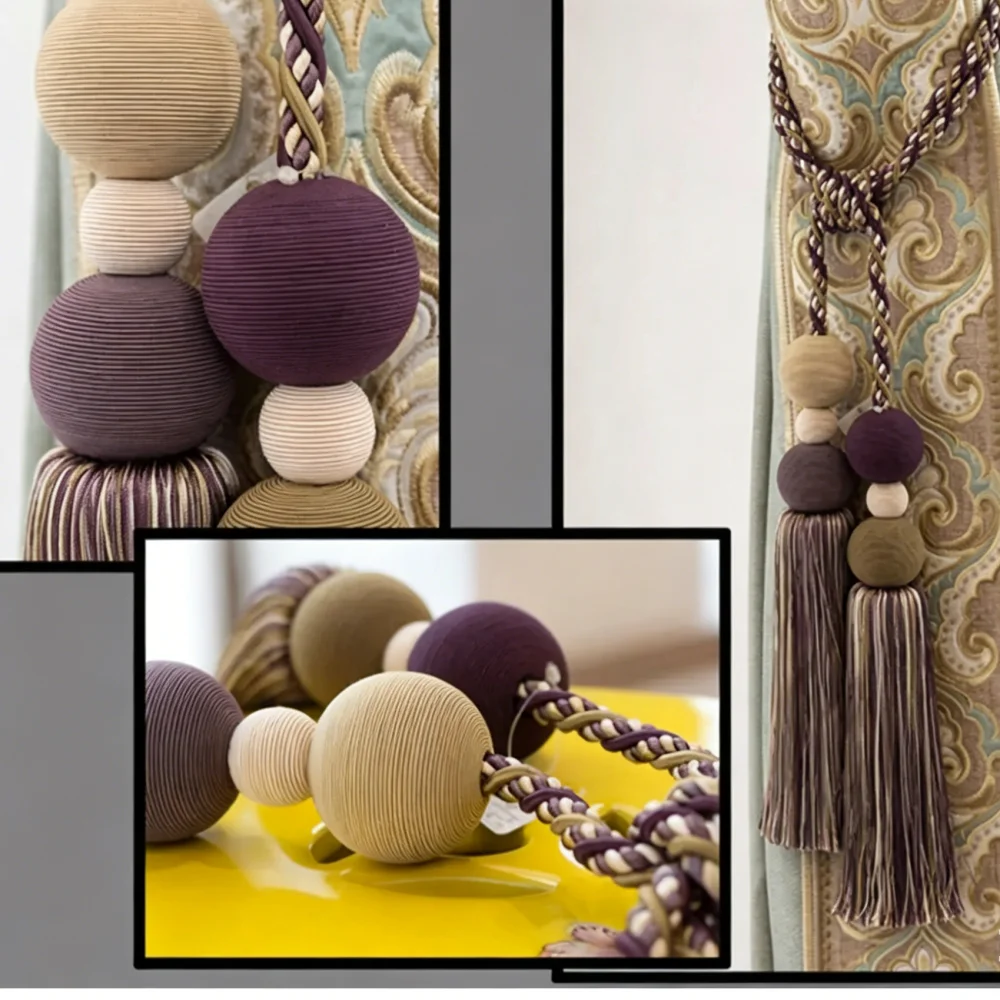 Nordic Korean Minimalist Curtain Tiebacks with Tassels & Beads, Candy Colors Purple Yellow Green, Wedding Home Decor
