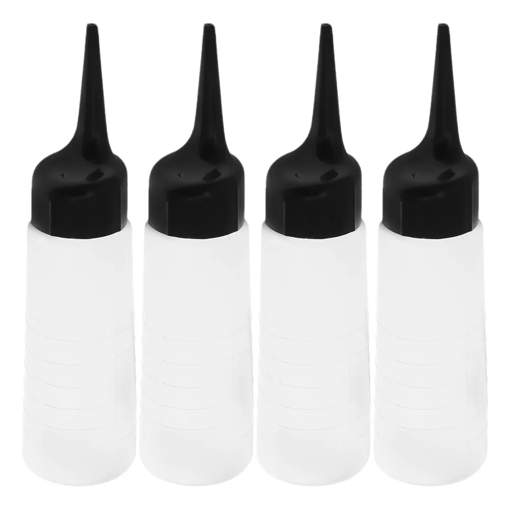 4Pcs Slant Tip Hair Dye Applicator Bottle with Measuring Scale Refillable Transparent Body for Salon Professional Home Hair