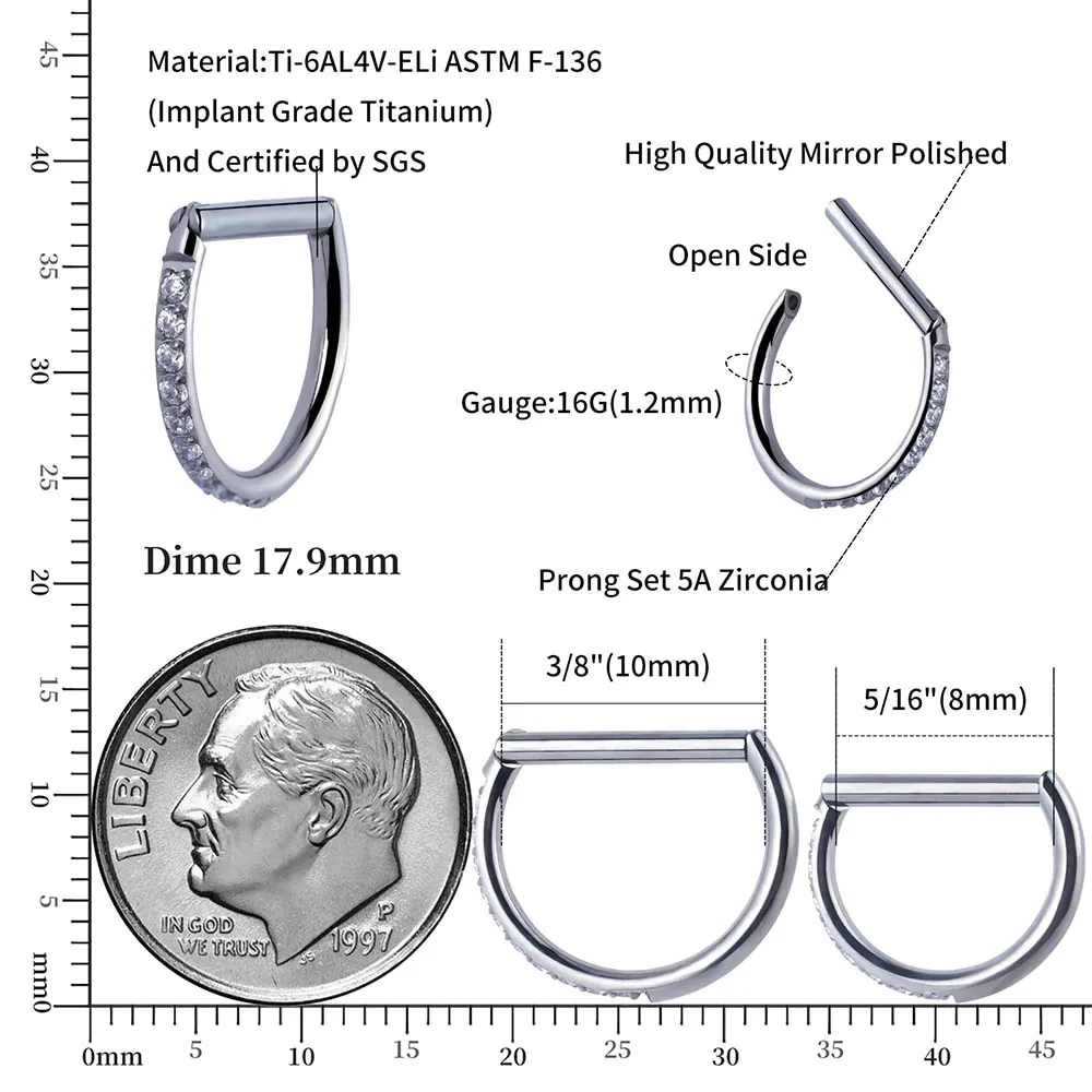 1PC D Shape G23 Solid Titanium Cartilage Segment Ring 16G 8mm/10mm Septum Clicker Half Ring Helix Ear Tragus Piercing Jewelry