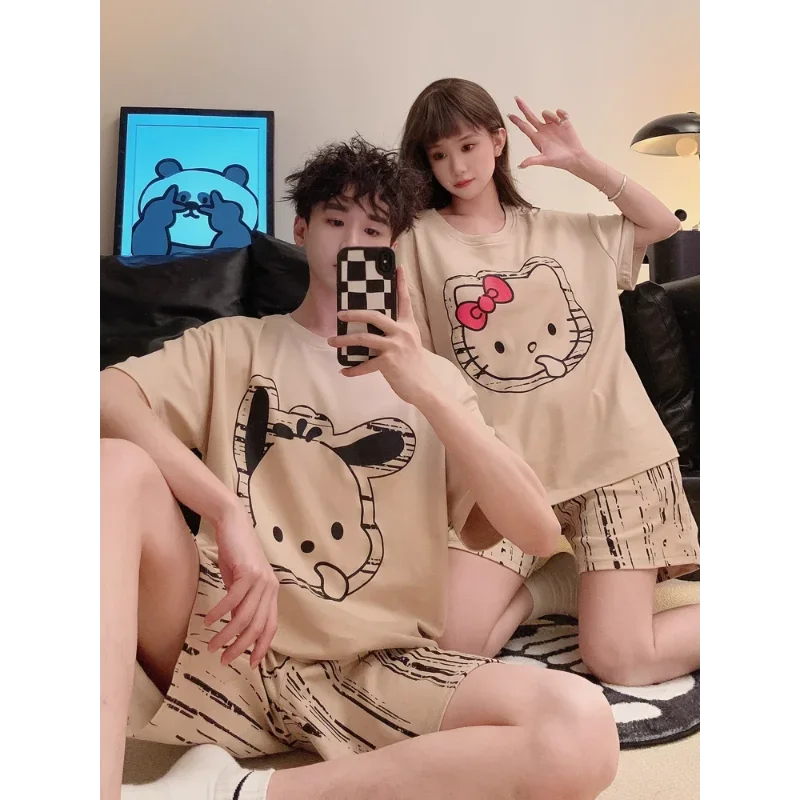 Sanrio-Pijama de seda de Hello Kitty para hombre y mujer, ropa de dormir cómoda y fresca, transpirable, traje de verano para parejas, nuevo