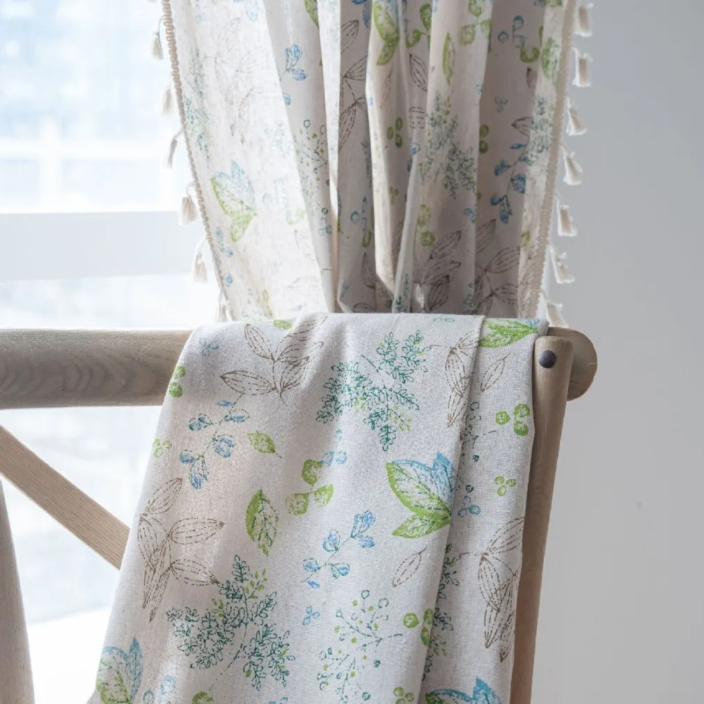 Curtain S8 finished product green leaf floral print tassel window kitchen curtain semi-shading bay window