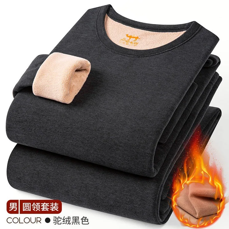 Round Neck Plus Fleece Thickening Thermal Underwear Men\'s Heat Large Size Middle-aged Long Johns Set Winter Cationic Men\'s Warm