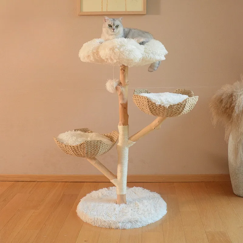 

Solid Wood Cat Climbing Frame Rattan Cat Sleep Nest Trees Towers Integrated Products Accessories Pet Toys Scratcher Furniture