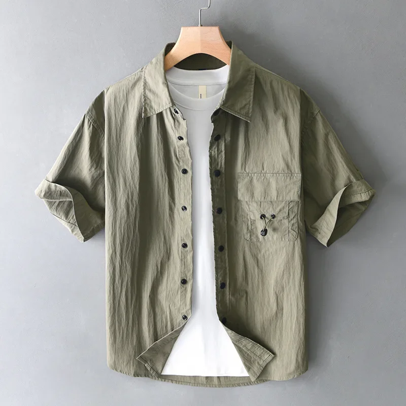

2026 Spring Summer New Cargo Loose Cotton Short Sleeve Shirts for Men Clothing Zipper Breathable Soft Male Shirts