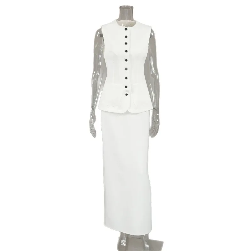 Women 2026 Spring Autumn New Hot Selling Fashion White Vest Top Long Skirt Two Piece Set Design Elegant Trendy Chic Daily Hit