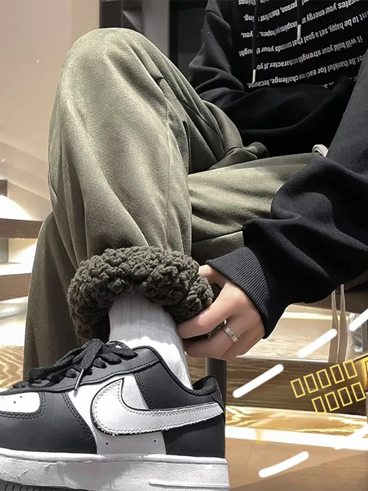 

Olive een Ultra-Thi Lamb Velvet Men's Pants Fce-Lined Trendy Brand Cuffed Sweatpants Heavy-Du Northeast Cotton Pants