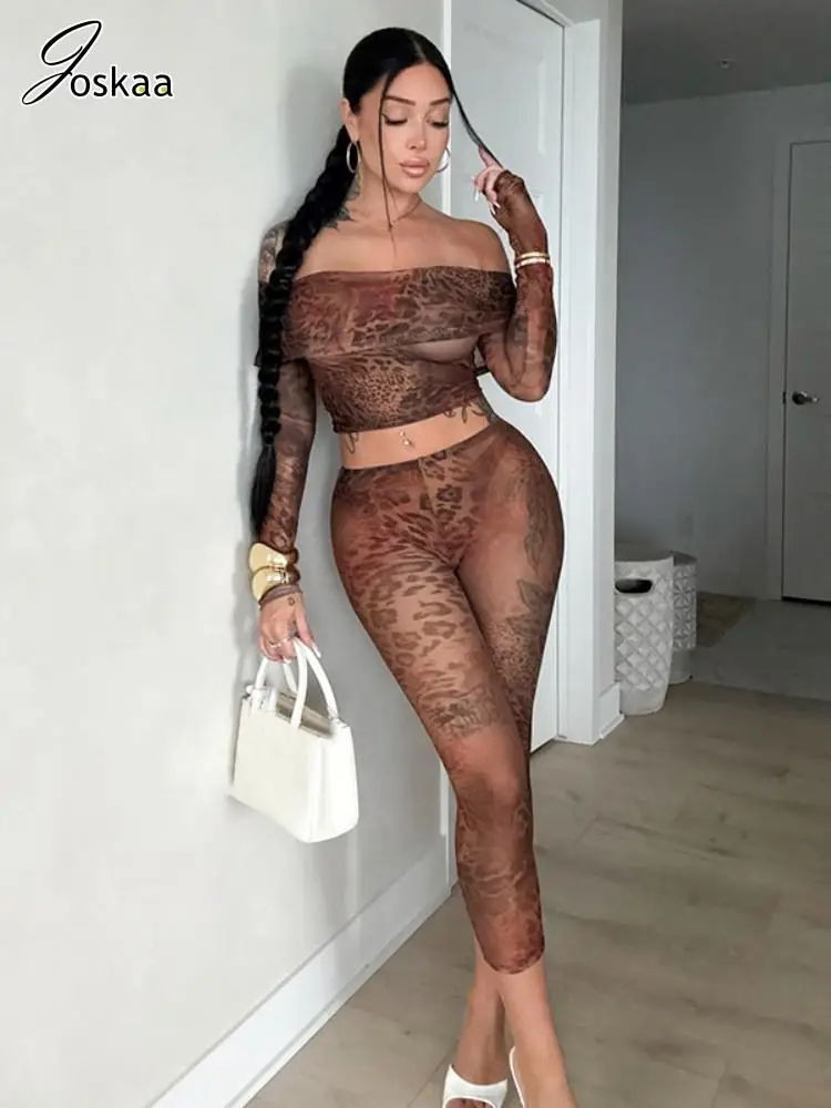 

Joskaa Women's 2025 Floral Leopard Print Two Piece Set Sexy Off Shoulder Full Sleeve Tops and Capri Pants Matching Streetwear