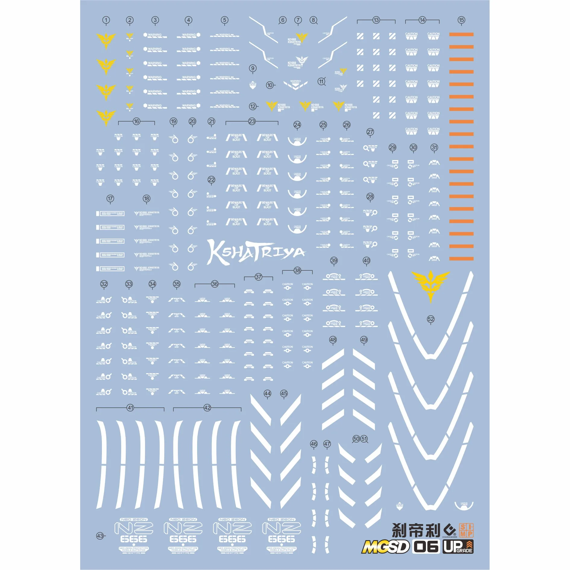 EVO High Precision Fluorescent Waterslide Decals for MGSD 06 Kshatriya NZ-666 Model Upgrade