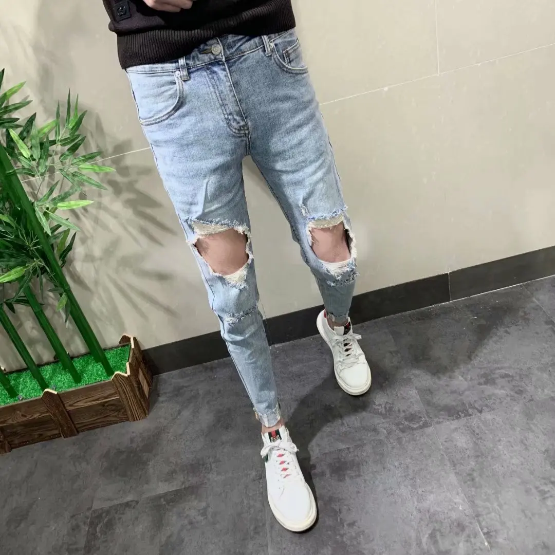 

Men's Slim Fit Jeans Knee-High Tear Casual Summer Lightweight Light Blue Nine-Piece Pants Elastic Straight Leg Jeans