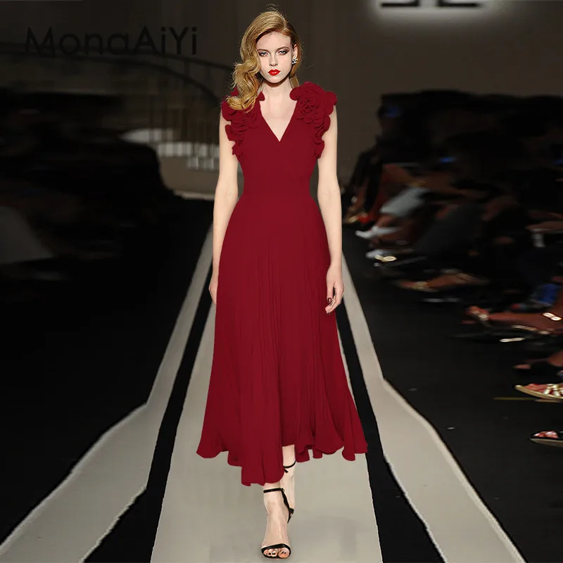 

MonaAiYi Fashion Designer spring Summer Women's V-Neck Sleeveless Three-dimensional flower Elegant ball Wine Red Dresses