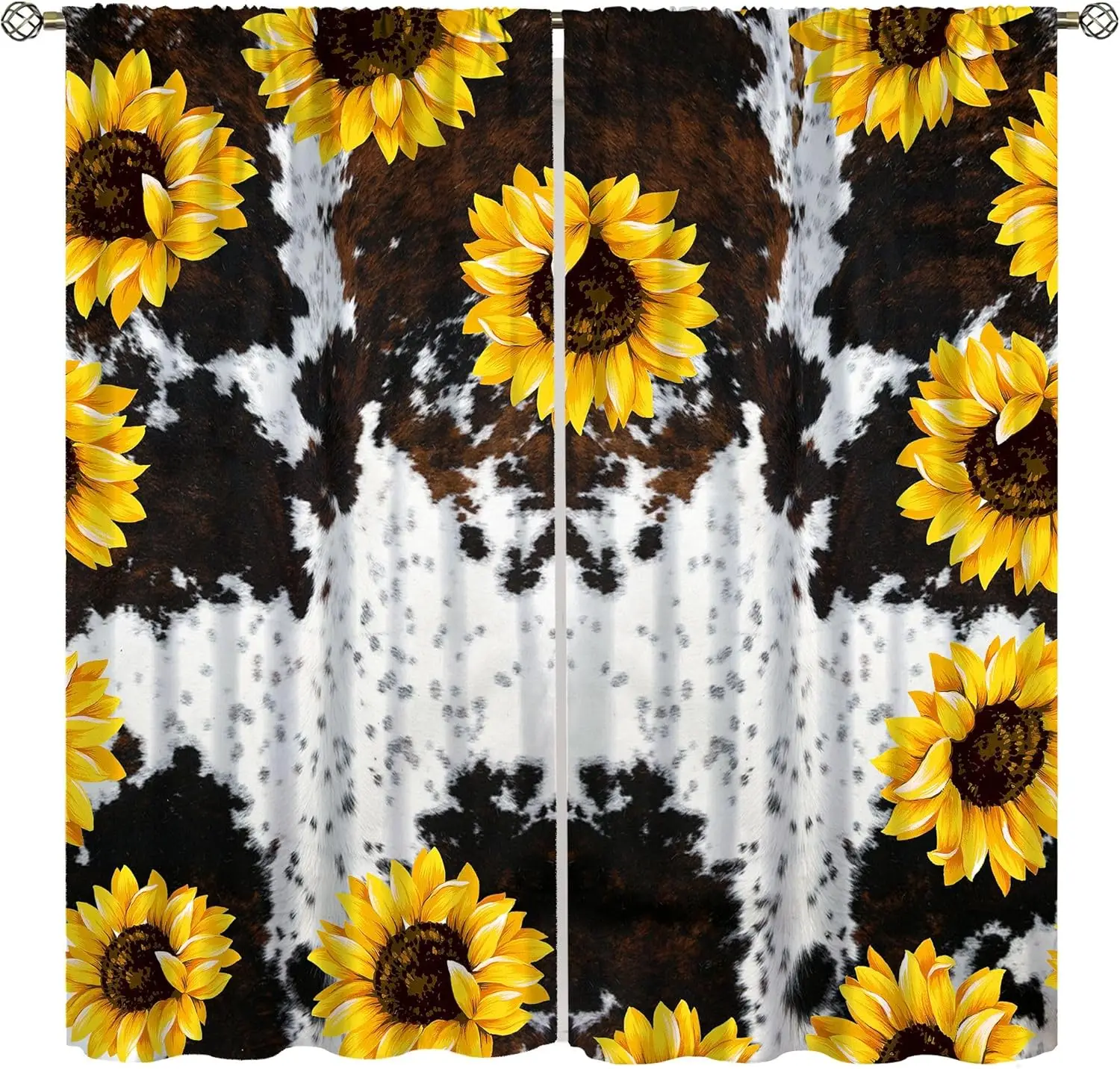 Cow Print Curtains, Country White Brown Black Cowhide Yellow Floral Highland Cow Fur Window Drapes for Farmhouse Bedroom
