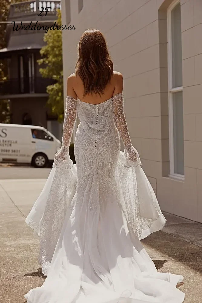 Personalizado mangas compridas sereia vestidos de casamento fora do ombro rendas vestidos de noiva novia