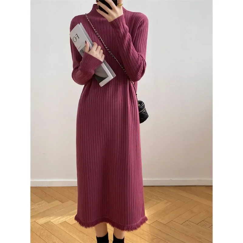 Fashionable Women's Semi High Neck Fringed Fur Dress, Fashionable Autumn and Winter Long Casual Knee Length Knitted Bottom Dress