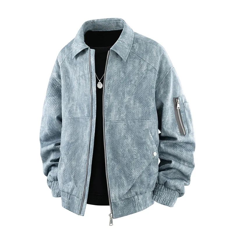 Camisa de Jacquard Estilo Americano con Efecto Denim para Hombre, Primavera y Otoño, de Alta Gama, Versátil, Corte Holgado, Tallas Grandes, Casual y Moderna con Cuello Vuelto