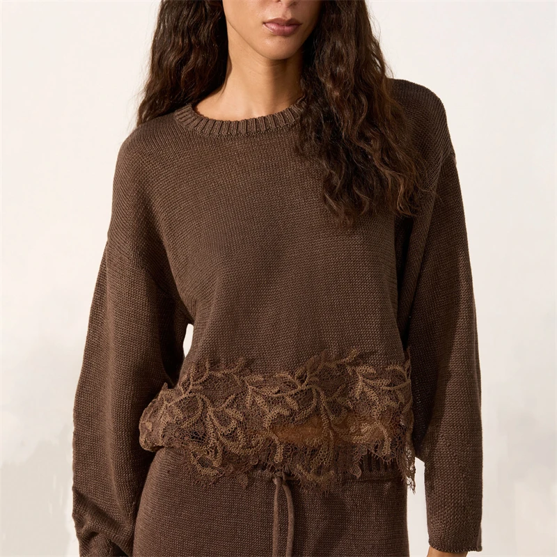 

2026 Autumn New Women's Lace-Trimmed Long-Sleeved Round Neck Knit Sweater High-Quality Fashionable Casual Short Pullover Sweater