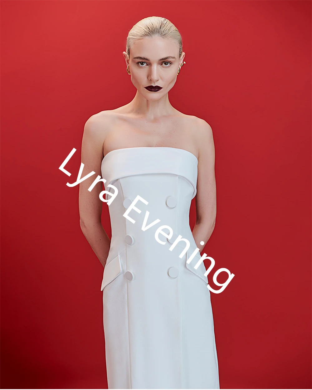 Customized High Quality White Jersey Evening Dress Strapless Sleeveless Prom Dress Special Occasion Gowns Buttons Party Dress