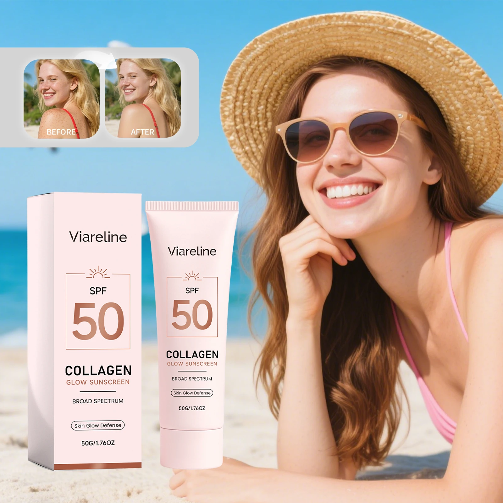 Collagen Glow Sunscreen SPF 50 Lightweight Body Protector Solar Lotion Long-Lasting Non-Greasy Daily UV Protection Sun Sunblock
