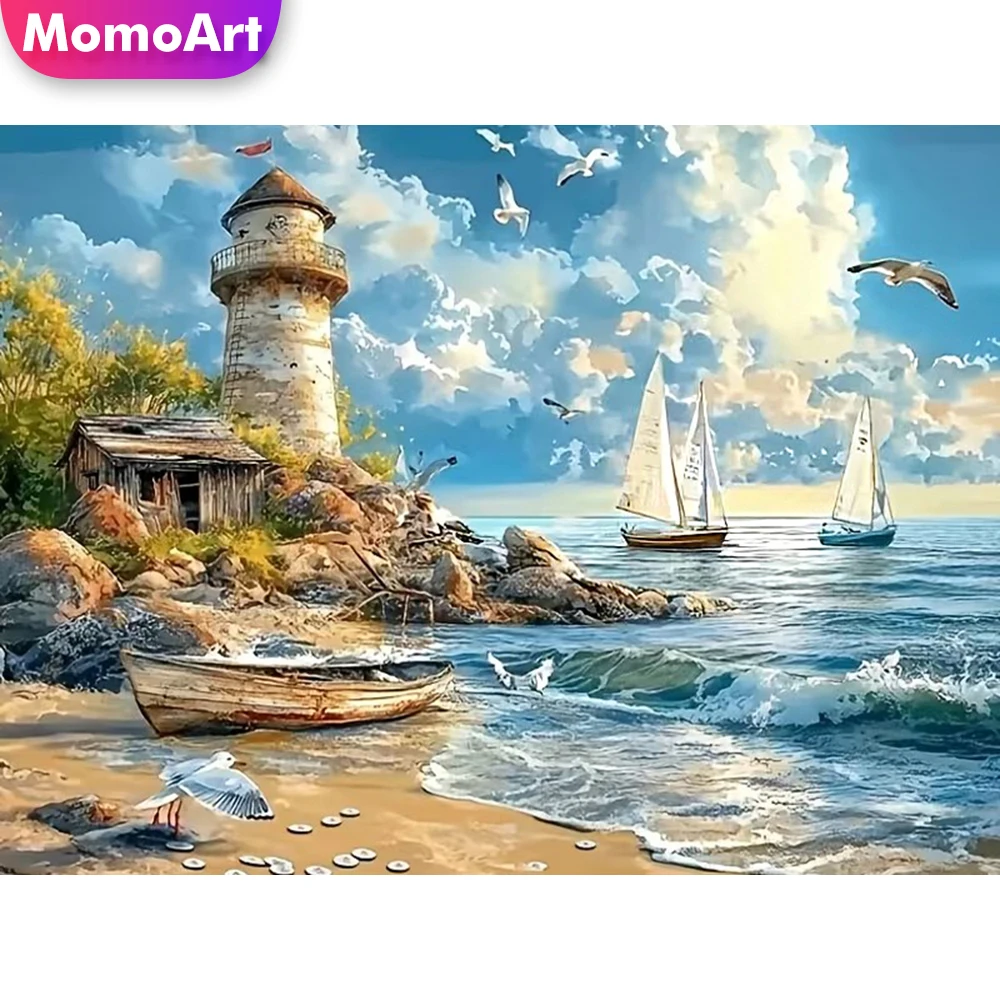 Momoart Diamond Embroidery Seaside Landscape Acrylic Craft Supplies Diamond Painting Lighthouse DIY Mosaic Boat Child Hobby