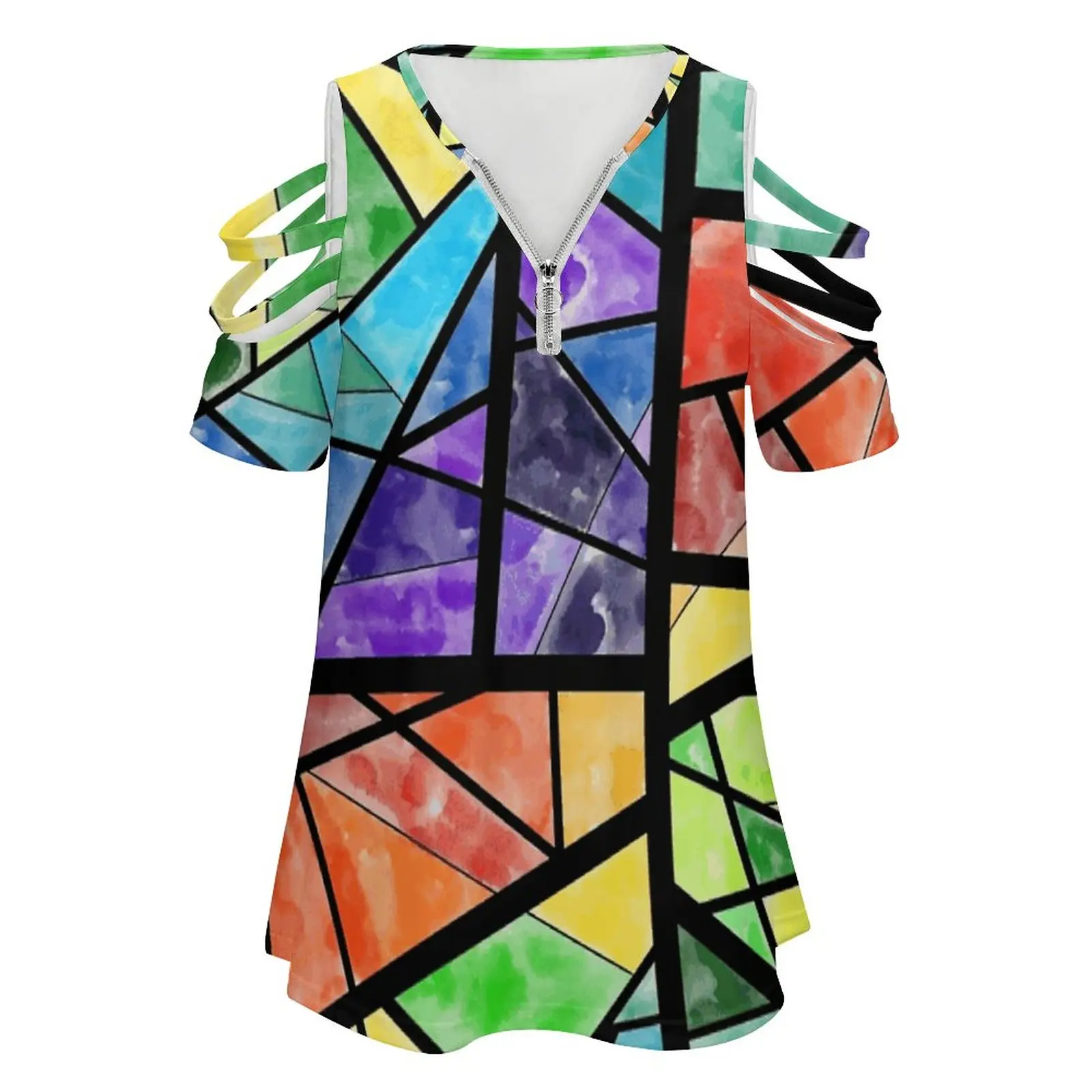 Stained Glass Dark New Fashion Zip Off Shoulder Top Short-Sleeve Women Shirt Stained Glass Window Shapes Abstract Watercolor