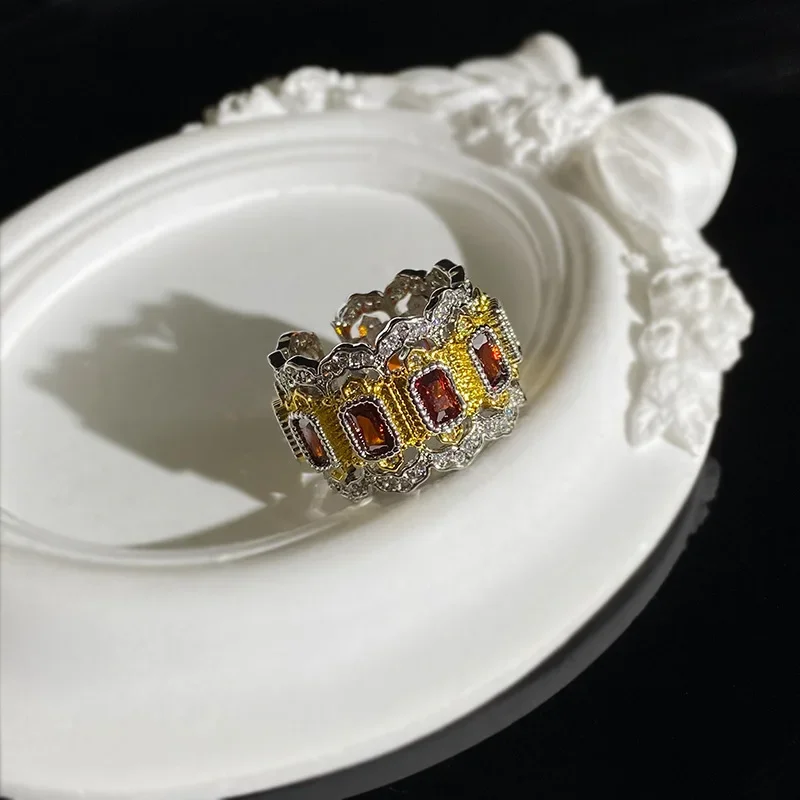 MDL Moissanite Style Wide Italian Vintage Court Emerald Ring Premium Feeling Woven Carved Gold Lace Open Ring