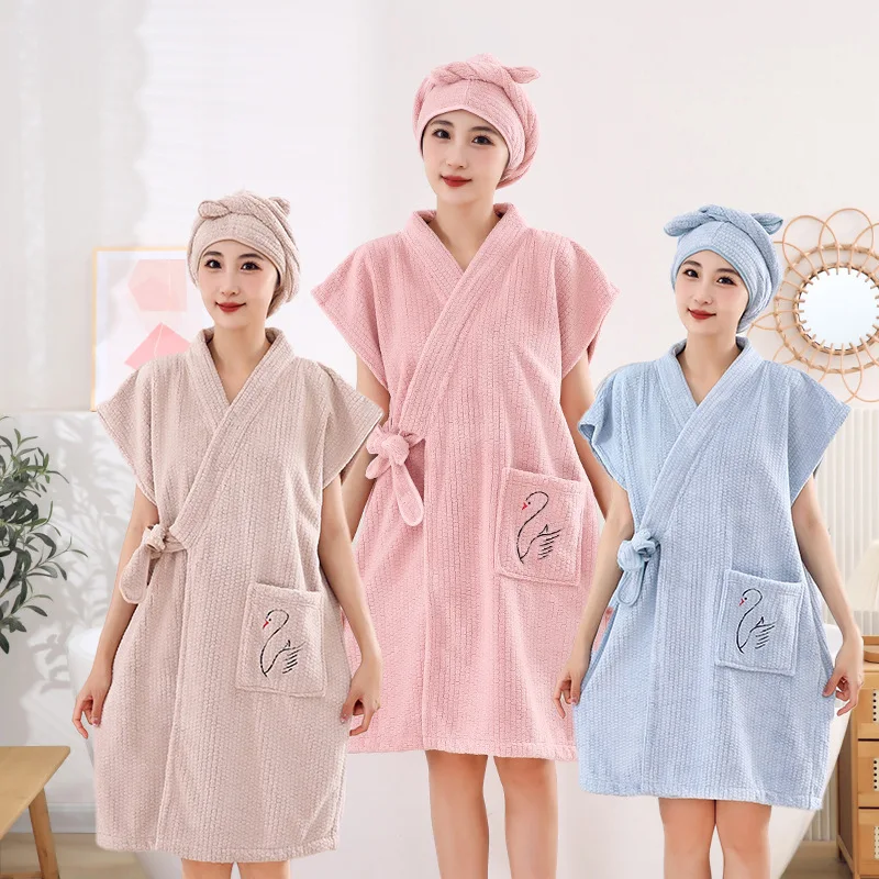 

Bathrobes Soft and absorbent Comfortable Wearable Bath towels Adult Ladies Half Sleeve Bath Skirt Bathrobes