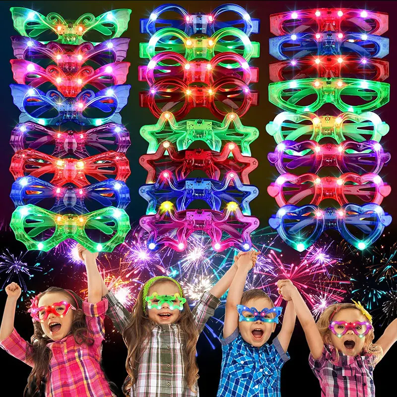 6pcs LED Luminous Glasses Glow in The Dark Party Supplies 6 Shapes Glasses Round Butterfly-shaped Halloween Christmas Gift