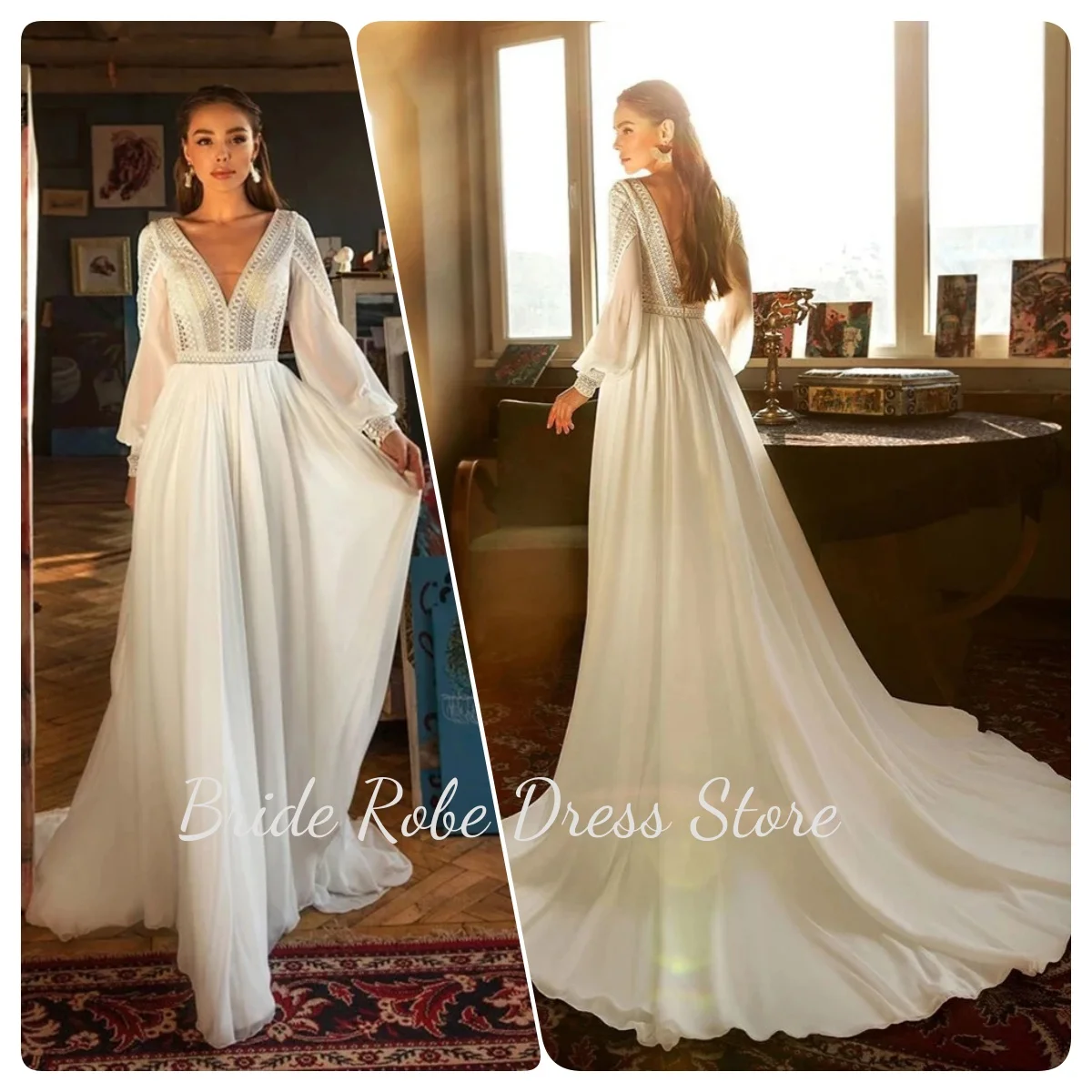 

Custom White Stain Wedding Dress Lace Appliques Long Sleeve A-Line Floor-Length Bridal Gown Wedding Party Dress Vestidos de novi