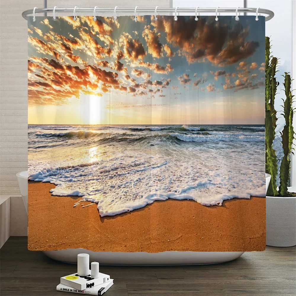 Tropical Beach Sunset Shower Curtain Polyester Printed Bathroom Decor Ocean Scenic Theme Home Bath Coastal Style