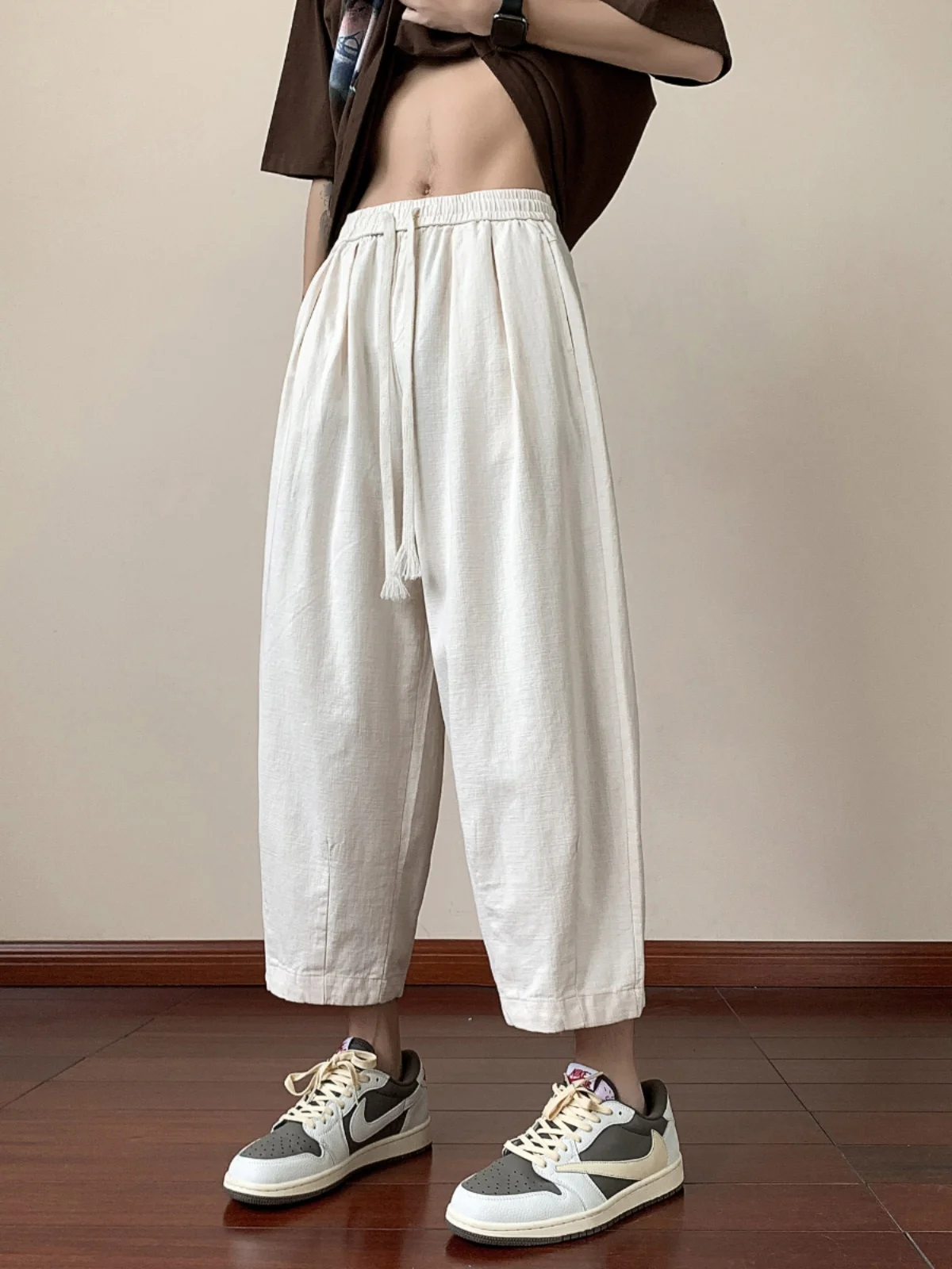 

Мужские летние тонкие прямые льняные брюки, свободные широкие повседневные хлопковые льняные брюки, молодежные брюки Vitali Sle с девятью точками