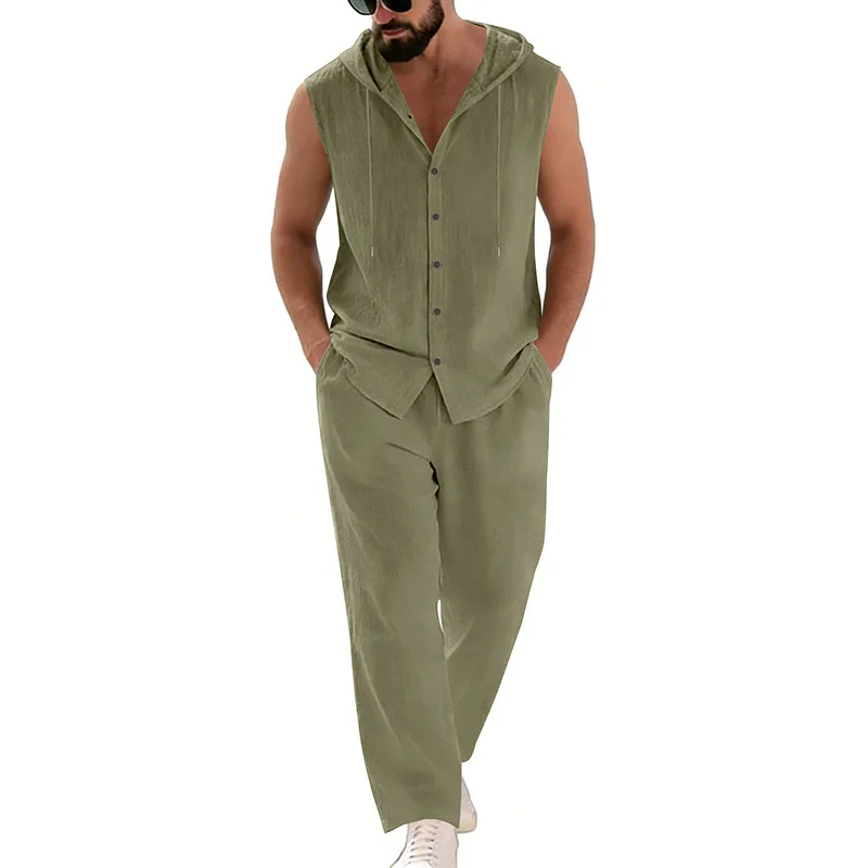 Men's Casual Linen Suit Hooded Sweater And Pants Set Solid Color Breathable Comfortable Men's Clothing view 5