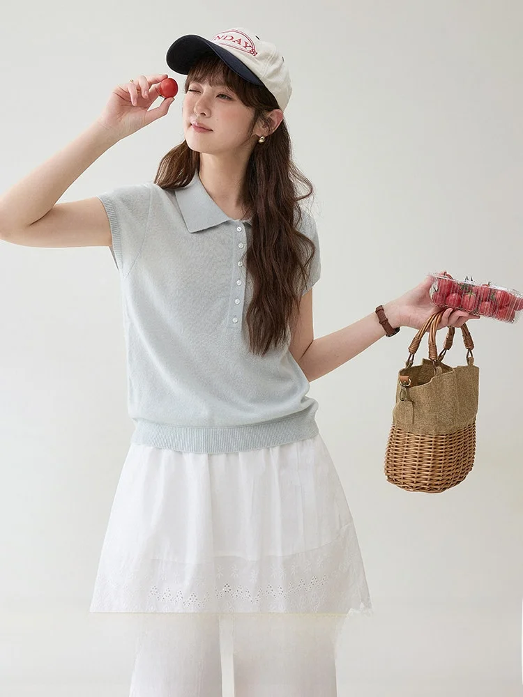 

AMUU North Island Simple Pure Color Button-Up f Open Knitwear ort Sve Women's Summer New Sle Lazy Anti-Aging Top