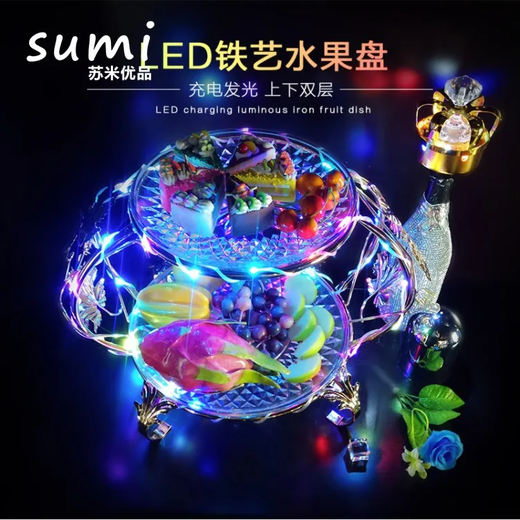 

Светодиодная светящаяся зарядка, роскошная большая тарелка с фруктами, бар KTV, подставка для фруктовой тарелки, креативная красочная тарелка с фруктами из кованого железа ra
