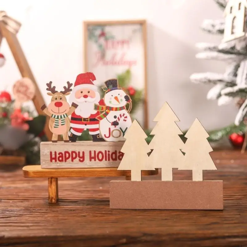 Hand Incised Santa Snowfigure tree Oaken Highlight Holiday Table Deck Permanent Celebratory Display for Indoor Christmas B03E