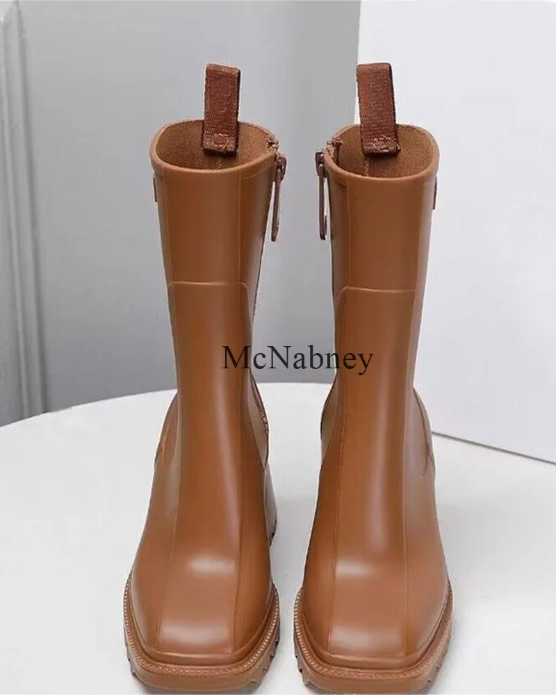 Trendy And Versatile Women Mid-Calf Rain Boots Square Toe Chunky Middle Heel Environmental Protection PVC Zipper Design