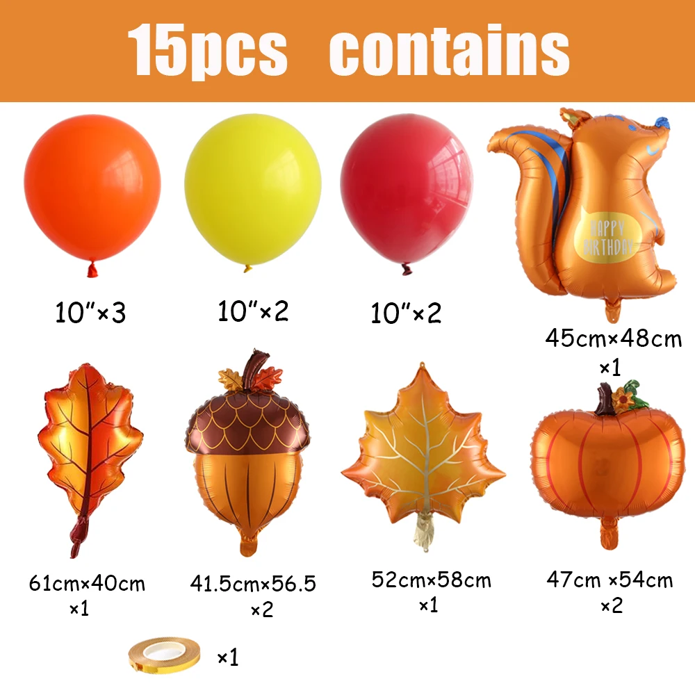 15pcs Autumn Theme Party Maple Leaves Pumpkin Acorn Squirrel Red Yellow Orange Balloons for Thanksging Day Harvest Party Decor