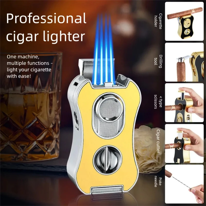 

Многофункциональная зажигалка для сигар «шесть в одном», металлическая ветрозащитная зажигалка Lotus Four с прямым распылением, профессиональные аксессуары для сигар, подарок