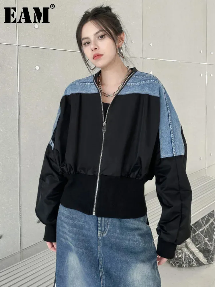 [EAM] Black Denim Color-block Big Size Casual Jacket New V-neck Long Sleeve Women Coat Fashion Tide Spring Autumn 2025 1DH1842