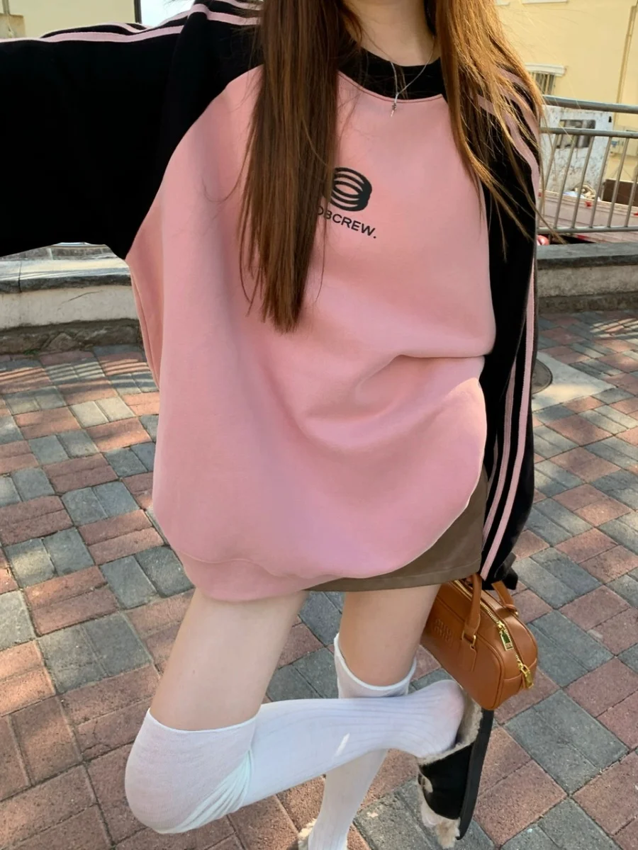 

Женская толстовка оверсайз с длинными рукавами и вставками на плечах, осенне-зимняя, маленького размера, модная, с цветовыми блоками, повседневный топ