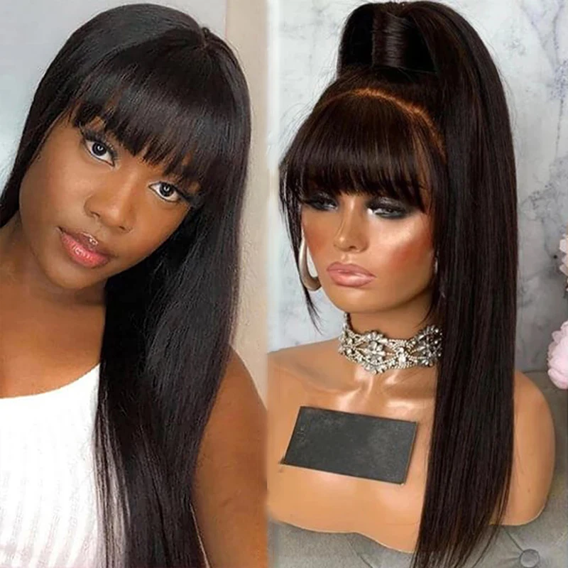 Long Straight Wigs With Bangs Human Hair Fringe 360 Full Lace Front Wig Brazilian Raw Vietnamese Hair Gluless HD Frontal Wigs