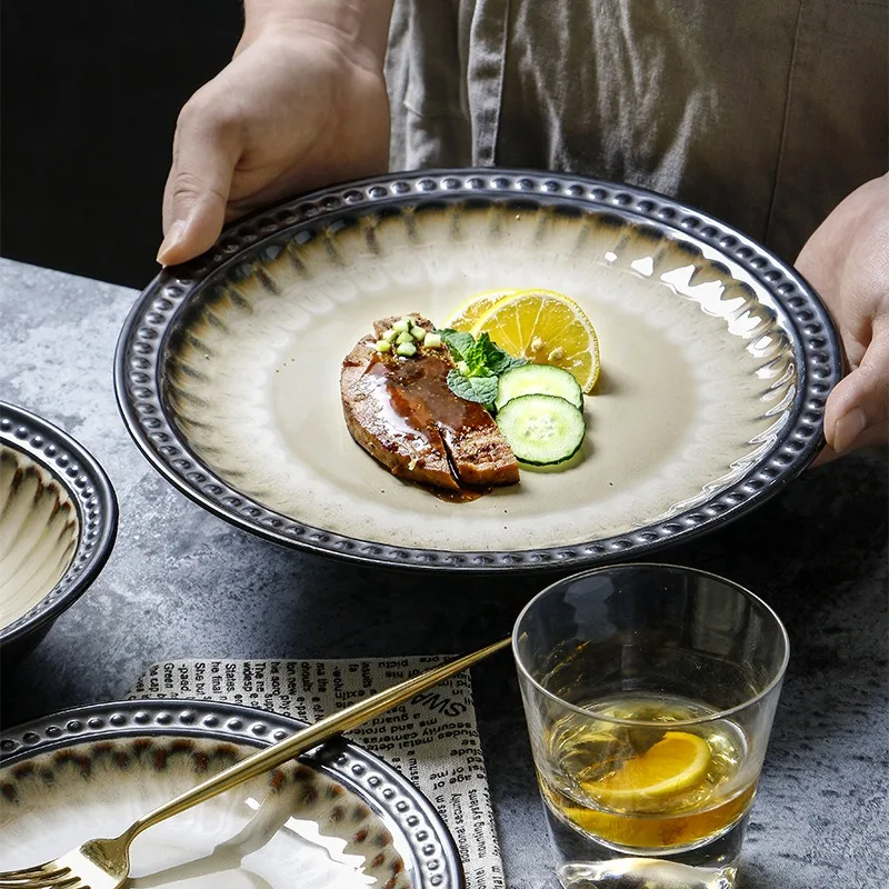 Creative Retro Relief Dinner Plates Chinese Kiln Enamel Underglaze Ceramic Plate Stripe Wave Point Cake Dessert Dishes Tableware
