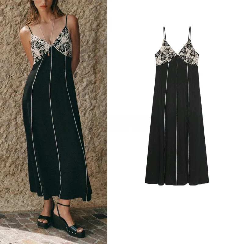 

Летнее женское сексуальное платье миди с цветной вышивкой, V-образным вырезом, на бретельках, с завышенной талией, А-силуэт, из полиэстера, без рукавов