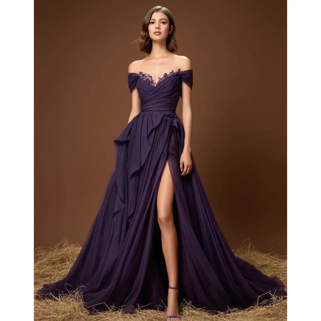 

Purple Off the Shoulder Prom Dresses with Slit robes de soirée Lace Sweetheart Wedding Party Dress Customized Bridesmaid Gown