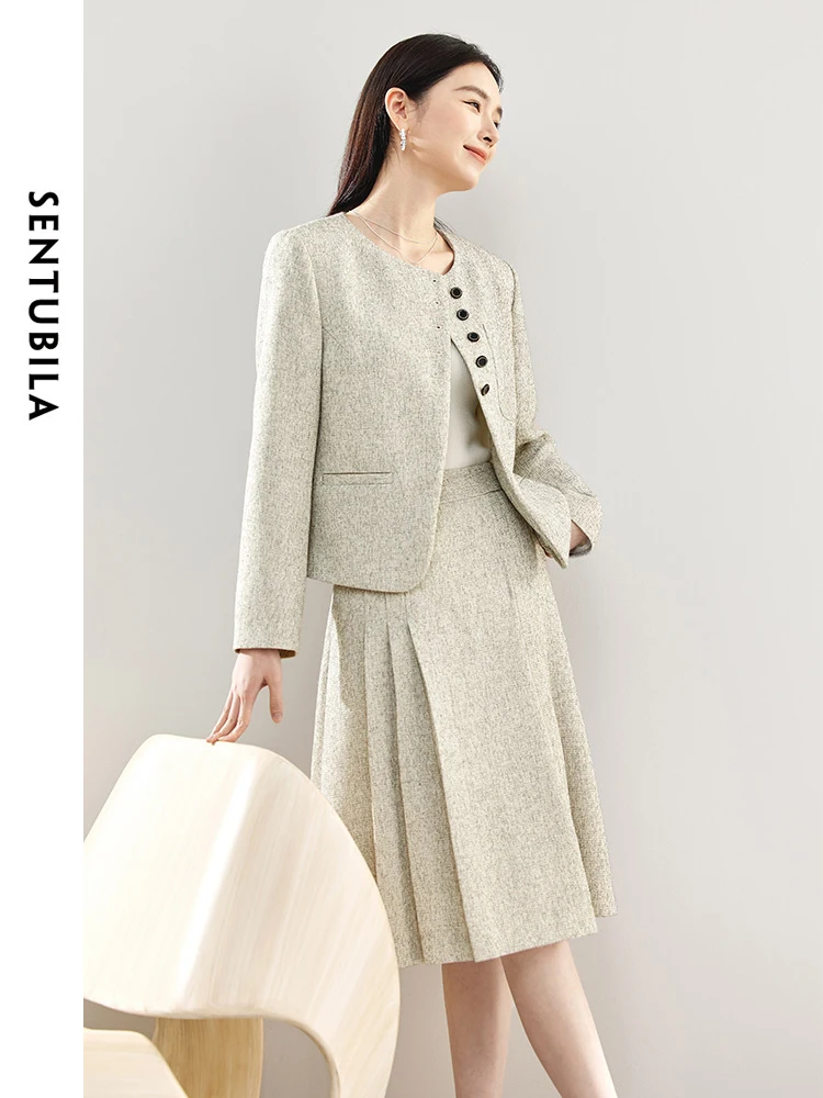 SENTUBILA Spring Autumn Tweed Skirt Sets Women 2 Piece Outfit 2024 Elegant Jacekt Pleated Skirt Two Piece Matching Set 141Z53507