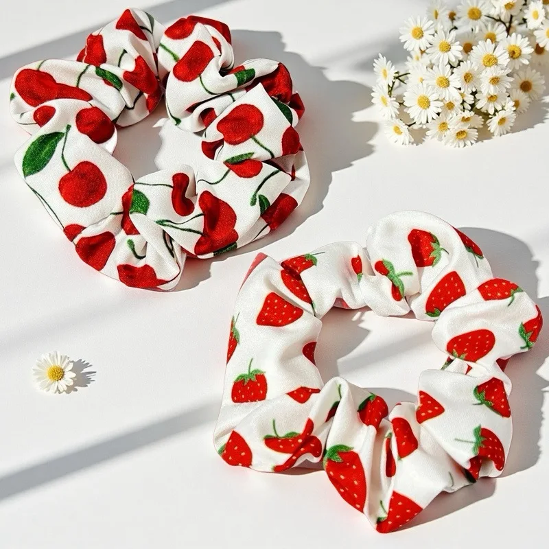 1pc/2pcs cute strawberry cherry print headband soft elastic large intestine hair ring, sweet female ponytail hair rope headpiece view 2