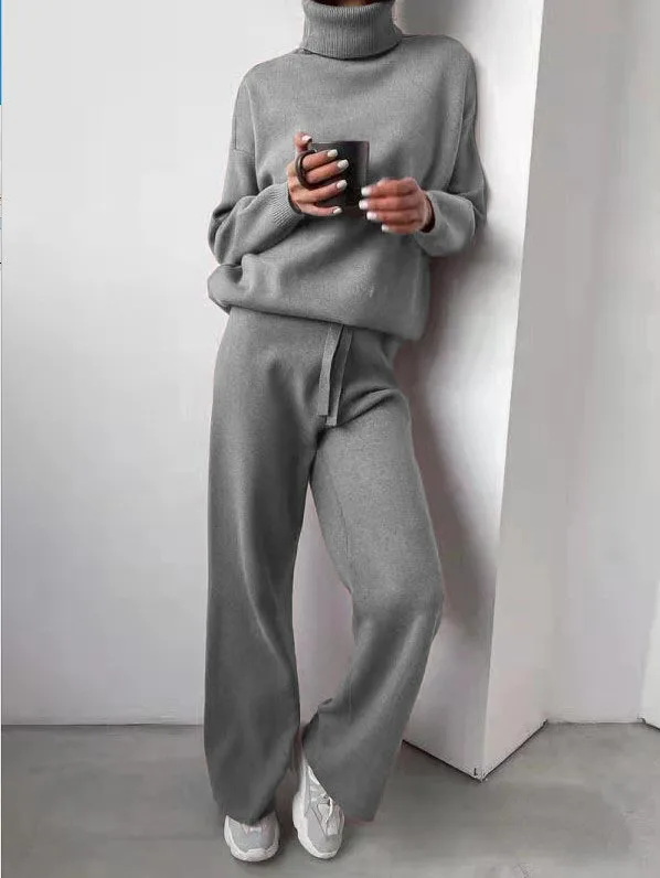 

2025 Turtleneck Sweater Set Women's European, American Autumn And Winter New Loose Casual Office Thickened Knitted Trousers Sets