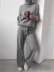 2025 Turtleneck Sweater Set Women's European, American Autumn And Winter New Loose Casual Office Thickened Knitted Trousers Sets