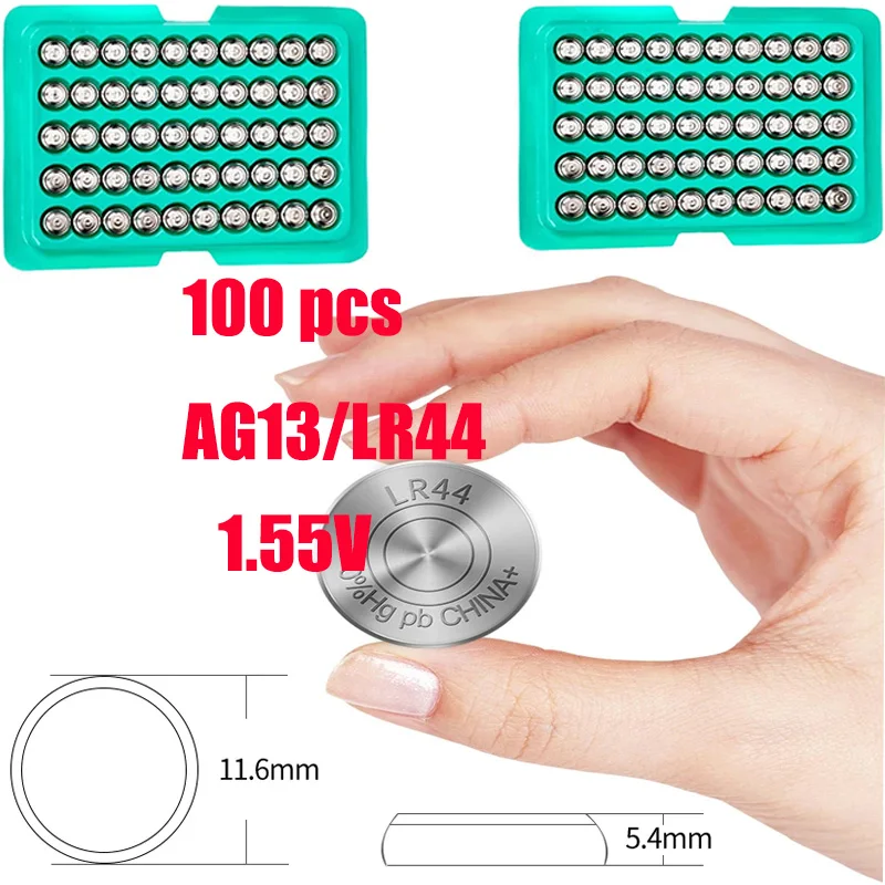 

100 pieces Cell Coin Watches Battery LR44 AG13 L1154 357 SR44 1.5V Alkaline Button Batteries Suitable For Watch