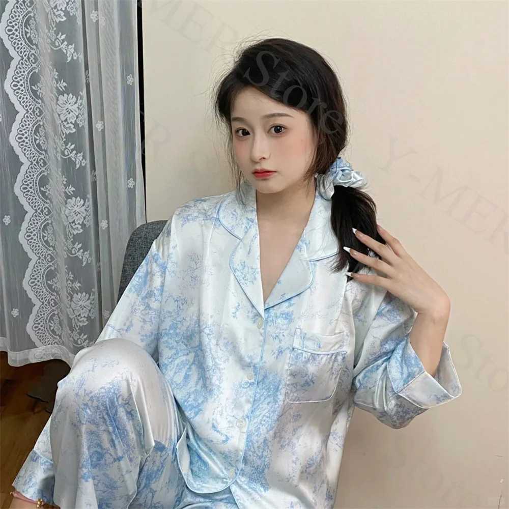 Rayon Home Clothes Lady Sleep Suit Soft Pajamas 2Pcs Long Sleeve Shirt&pants Loungewear Summer Spring Nightwear Women Outfit