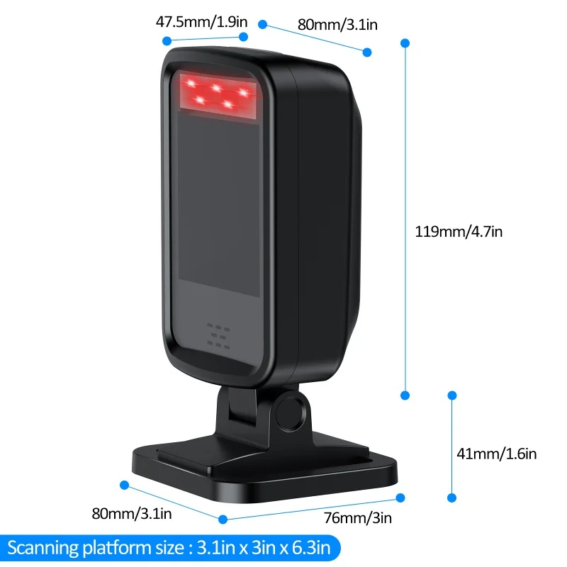 Comprehensive and Multifunctional Desktop Barcode Scanner Black A4 OEM Stock 32 Bit 1.8m Fall to Cement CMOS