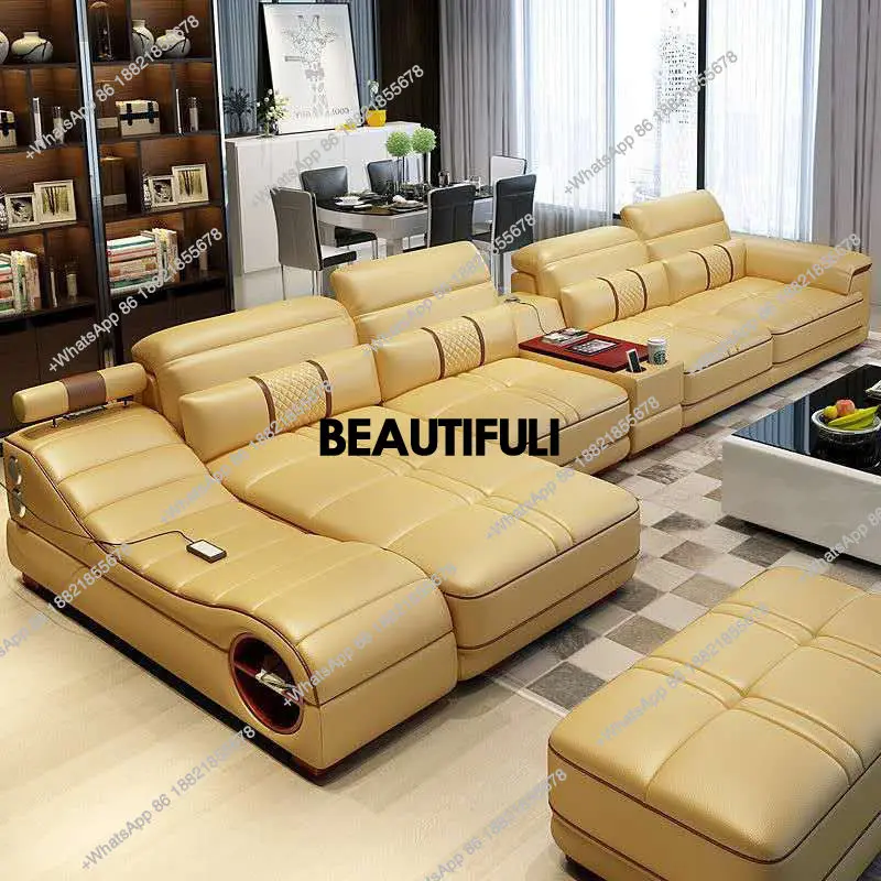 Modern Luxury Sectional Sofa Set with Chaise Lounge – Italian Genuine Leather Couch with Speakers, USB Port & Storage